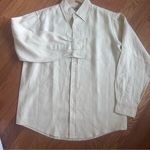 LL Bean 100% Linen Button Down Shirt Mens Medium Regular Long Sleeve Khaki EUC